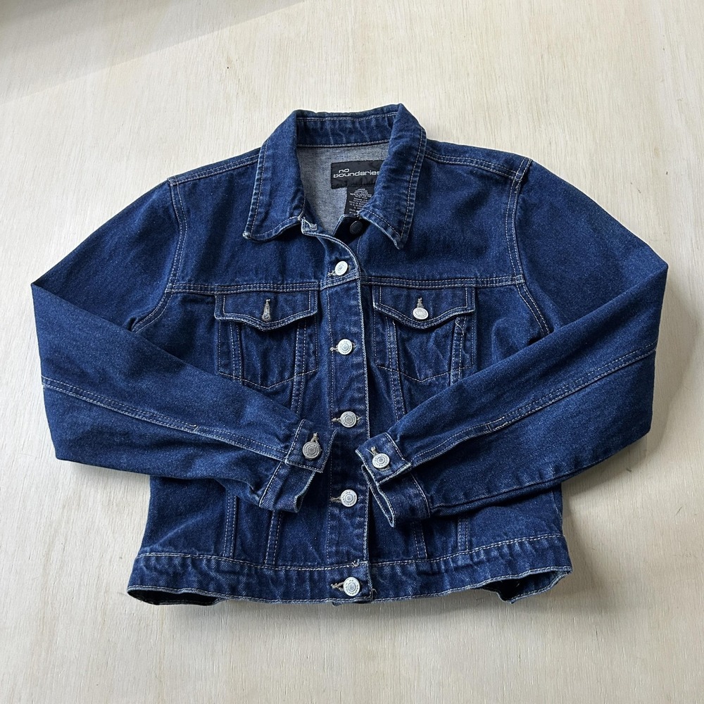 No Boundaries Jacket Juniors Medium 7/9 Blue Denim Button Front Collared Short